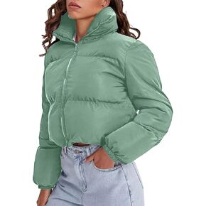 Korebow Women's Lightweight Long Sleeve Stand Collar Cropped Puffer Jackets Short Winter Coats
