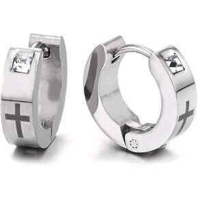 2pcs Mens Womens Steel Huggie Hinged Hoop Earrings with Cubic Zirconia and Black Enamel Cross…