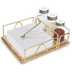 Napkin Holders for Paper Napkins, Flat Napkin Holder with Wooden Base, Black Stainless Steel Napkin Basket for Kitchen Party Square Flat Tissue Holder, Black Napkin Holders for Kitchen Table Decor