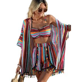 Verdusa Women's 3 Piece Outfits Short Sleeve Open Front Kimono and Boho Cami Top and Tassel Trim Tropical Shorts Set