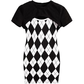 SweatyRocks Girl's 2 Piece Outfits Argyle Print Cami Mini Dress with Short Sleeve Crop Tee
