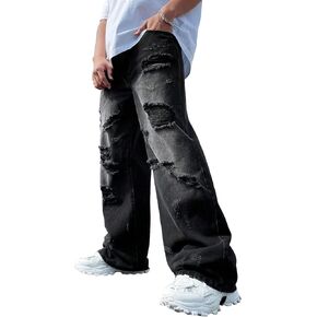 WDIRARA Men's Cut Out Ripped Frayed Zipper Fly Long Straight Leg Denim Jeans