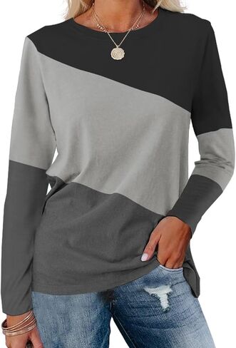 Minetom Women's Color Block Tops Casual Long Sleeve Tunic Round Neck Pullover Shirts in Saudi Arabia