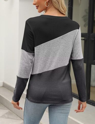 Minetom Women's Color Block Tops Casual Long Sleeve Tunic Round Neck Pullover Shirts in Saudi Arabia