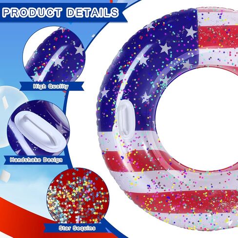 Leitee 2 Pcs Patriotic Inflatable Pool Float Tube with Handles USA Flag Inflatable Pool Float with Confetti Design Swimming Ring Float Summer Floaties for Adults Kid Beach Party (36 inch) in Saudi Arabia
