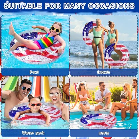 Leitee 2 Pcs Patriotic Inflatable Pool Float Tube with Handles USA Flag Inflatable Pool Float with Confetti Design Swimming Ring Float Summer Floaties for Adults Kid Beach Party (36 inch) in Saudi Arabia