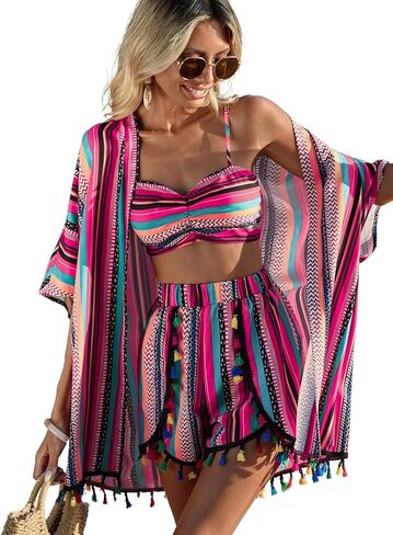 طقم شورت نسائي من Verdusa مكون من 3 قطع بأكمام قصيرة مفتوح من الأمام كيمونو وبوهو كامي توب وشورت استوائي مزين بشراشيب in Kuwait