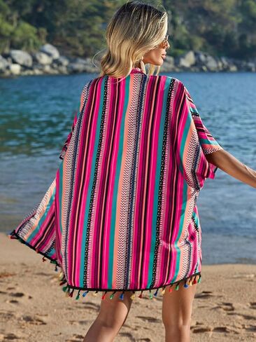 طقم شورت نسائي من Verdusa مكون من 3 قطع بأكمام قصيرة مفتوح من الأمام كيمونو وبوهو كامي توب وشورت استوائي مزين بشراشيب in Kuwait