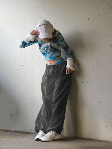 Xineicy Parachute Pants for Women Drawstring Baggy Cargo Pants Y2K Trouser Low Rised Jogger Sweatpants Loose Hip Hop in Kuwait