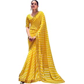SIRIL Women's Bandhani Printed Embroidery Lace Georgette Saree