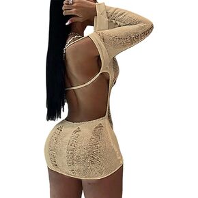 Tinodu Women Sexy Crochet Knitted Hollow Out Long Sleeve Mini Dress Backless Bodycon Club Party Night Dress Y2K Dress