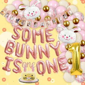 Some Bunny Is One Decorations Somebunny Is One Birthday Decorations Backdrop 1st Birthday Decorations First Birthday For Girl 1 Year Old Birthday Party Decorations For Girl Balloons Banner