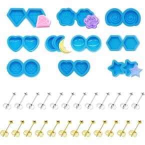 Yayatty 34 PCS Stud Earring Mold Tool Included 10 PCS Silicone Resin Mould and 24 PCS Stud Earring, Jewelry Casting Moulds Clear Tiny Ear for DIY Jewelry Craft Making
