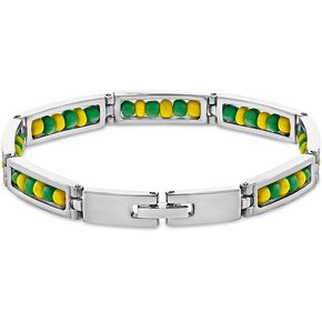 Stainless Steel Unisex Link Wristband Inside Green and Yellow Beaded Babalawo Orula Bracelet - Babalawo Orula Unisex Bracelet for Teens and Adults