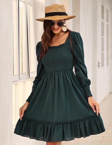 فستان Zexxxy برقبة مربعة للنساء وأكمام قصيرة وكشكشة على شكل حرف A بطول الركبة S-XXL in Kuwait