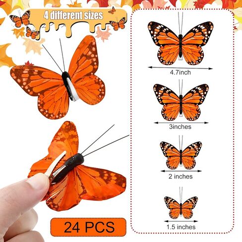 24 Pcs Monarch Butterfly Decorations Monarch Butterfly Hair Clips Feather Butterfly Barrettes Clips Decor Artificial Fake Butterflies for Craft Cosplay Wedding Party, 4 Sizes (Orange) in Saudi Arabia