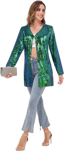 معطف Anna-Kaci نسائي مفتوح من الأمام مزين بالترتر من Las Vegas Blazer Party Club Cocktail Jacket ملابس خارجية in Kuwait