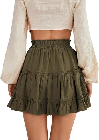 LYANER Women's Elastic Waist Pleated Layer Ruffle Hem Flowy A Line Short Skirt in Kuwait