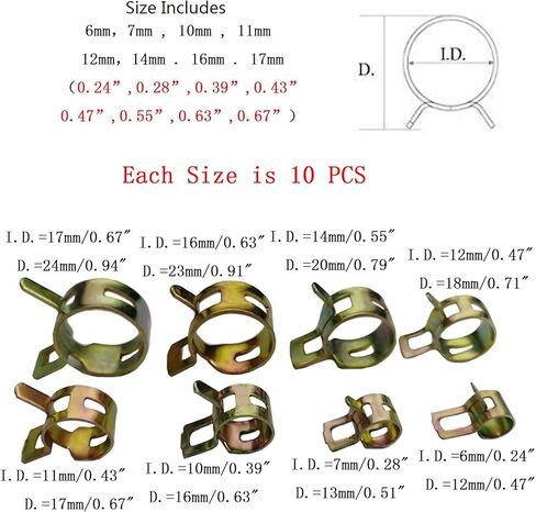 80 PCS 6/7/10/11/12/14/16/17mm Spring Clips Fuel Line Hose Clips Water Pipe Air Tube Silicone Vacuum Hose Clamp Fastener in Kuwait