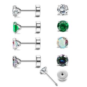 4 Pairs Surgical Steel Earrings for Women Men,Hypoallergenic Titanium Earrings for Sensitive Ears Cubic Zirconia Surgical Stainless Steel Flat Back Stud Earrings Cartilage Screw(4MM, Silver)