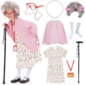 FAYBOX 9 pcs Old Lady Costume for Kids,100 Days of School Costume Old Lady Wig for Girls, Granny Grandma Dress Up