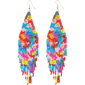 Native Long Beaded Earrings – Bohemian Large Handmade Beaded Tassel Statement Chandelier Dangle Earrings, Boho Big Mexican Tribal Seed Bead Fringe Drop Earrings for Women
