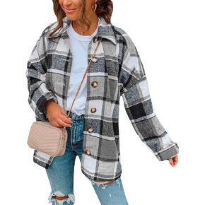 HangNiFang Women's Long Plaid Shacket Jacket Oversized Button Down Shirts Winter Warm Pea Coat
