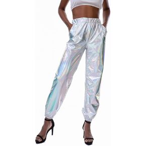Women's Metallic Shinny Pants Casual High Waist Holographic Jogger Sweatpants Hip Hop Rave Trousers