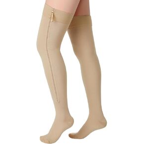 Thigh High Zipper Compression Socks 20-30 mmHg Zipper Compression Stockings Thigh High for Women Men Swelling Edema (Beige,Large)