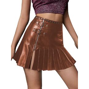 WDIRARA Women's PU Leather Pleated High Waisted Slit Studded Ruffle Y2k Club Mini Skirt