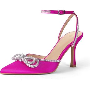 VETASTE Women's Double Bow Pointed Toe Ankle Strap Crystal Pumps Wedding Bridal Party Stilettos Backless Satin Heeled Sandals