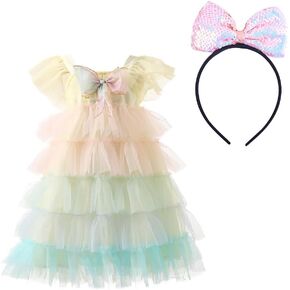 Little Girls Birthday Princess Dresses with Headband Summer Casual Dress Tutu Rainbow Dress Photo Shoot