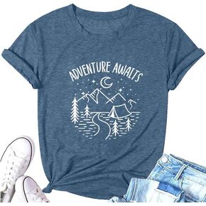 Adventure Awaits Tshirt Women Hiking Mountain Outdoors Shirts Wanderlust Explore More Camping Athletic Tee Tops