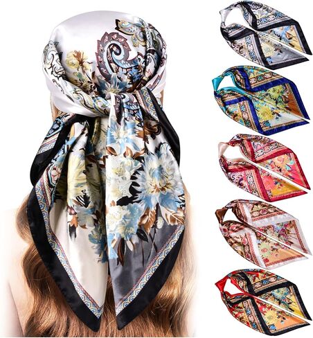 Stlvoll 5PCS Large Satin Head Scarves - Silk Square Like Neck Scarf Hair Wraps Headscarf for Sleeping Head Scarf Bundle 35 in in Saudi Arabia