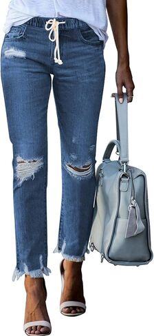 Sidefeel Women Pull-on Distressed Denim Joggers Elastic Waist Stretch Pants in Kuwait