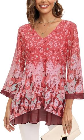 SeSe Code Women's 3/4 Sleeve Tunic Tops Asymmetrical Hem Dressy Casual Mesh Blouses in Saudi Arabia