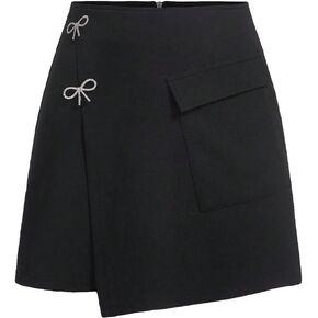 WDIRARA Women's Bow Front Wrap Mini Skirt High Waist Asymmetrical Hem Casual Short Skirts with Pocket