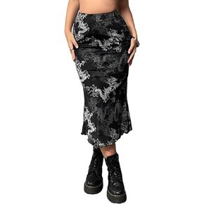 Verdusa Women's Y2K Lettuce Trim Low Waist Printed Mesh Long Fishtail Bodycon Skirt