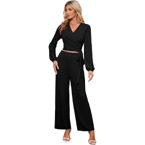 KOJOOIN 2 Piece Outfits for Women 2023 Fall Sets Long Sleeve Sexy V Neck Wrap Tie Knot Crop Tops Wide Leg Pants Sets in Saudi Arabia