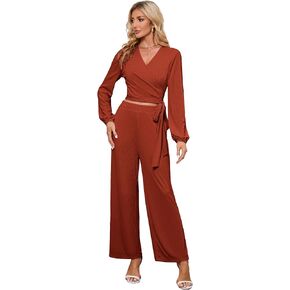 KOJOOIN 2 Piece Outfits for Women 2023 Fall Sets Long Sleeve Sexy V Neck Wrap Tie Knot Crop Tops Wide Leg Pants Sets