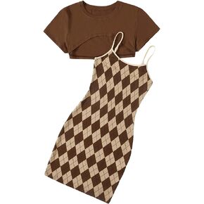 Verdusa Women's 2 Piece Outfit Sleeveless Bodycon Cami Dress with Crop Tee Top