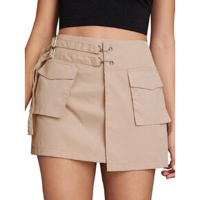 WDIRARA Women's High Waist D Ring Belted Skirt Wrap Mini Skirt with Flap Pockets