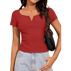 Kistore Women's Sexy Square Neck Notch V Neck Short Sleeve Crop Tops Casual Knit Ribbed Slit Y2K Blouses