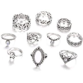 38Pcs Vintage Knuckle Rings Set Gemstone Bohemian Stackable Finger Rings Midi Rings for Women Aesthetic Hollow Carved Crystal Gold&Silver Rings Rhinestone Joint Rings
