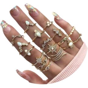 GYRMMUE Boho Stackable Rings Sets for Women Girls,Gold Stacking Rings Set Vintage Knuckle Rings Moon Star Wave Peak Butterfly Flower Leaf Finger Rings Joint Midi Trendy Rings Sets