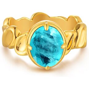 Gold Simulated Emerald/Paraiba Ring for Women Solitaire 8 * 10MM Oval Cut 14K Gold Plated Minimalist Stack Concave Twisted Band Finger Jewelry Size 6-8