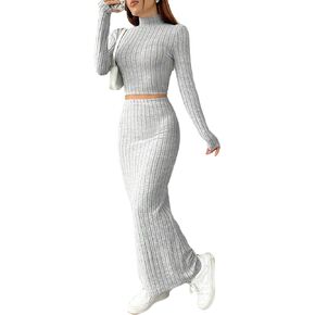 Floerns Women's 2 Piece Outfit Solid Rib Knit Mock Neck Tee Shirt and Skirt Set