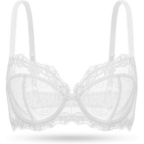 Deyllo Women's Lace Bra Plus Size Underwire Embroidered Unlined Bra See Through Non Padded
