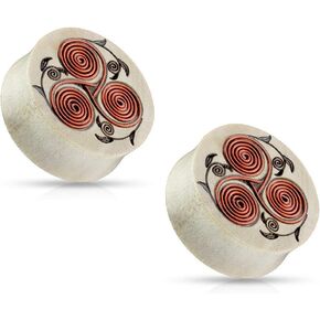Pierced Owl - Copper Wire Tribal Floral Carved Organic Crocodile Wood Saddle Plugs Ear Plugs Gauges, Sold as a Pair