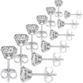 Stud Earrings for Women Men Clear Cubic Zirconia Stainless Steel Earrings Set, 3-8mm